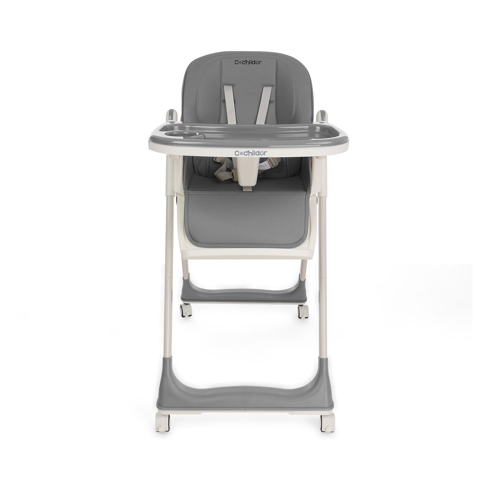 Gray high chair with tray on a white background