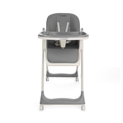 Gray high chair with tray on a white background